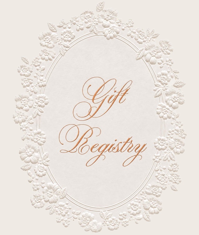 Gift Registry, set within an embossed floral oval