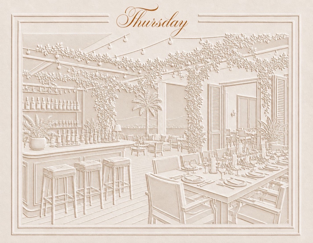 The Thursday invitation card: First Dinner, October 8th, details to follow, above an embossed terrace bar and dinner table