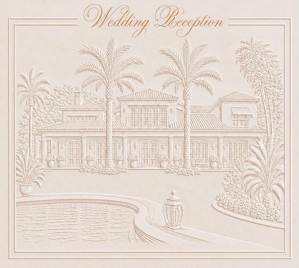 Embossed illustration of the reception villa and pool in Los Monteros, Marbella