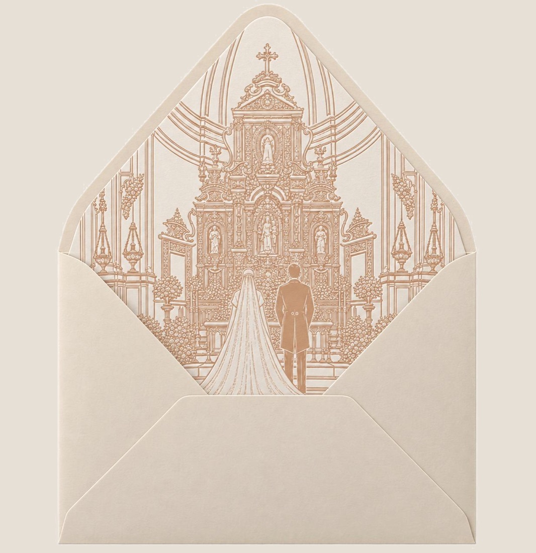 The envelope liner: the bride and groom before the altar of the church, drawn in terracotta line work