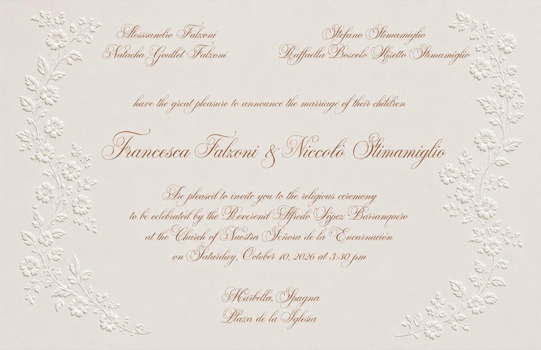 The wedding invitation of Francesca Falzoni and Niccolò Stimamiglio, within an embossed floral border