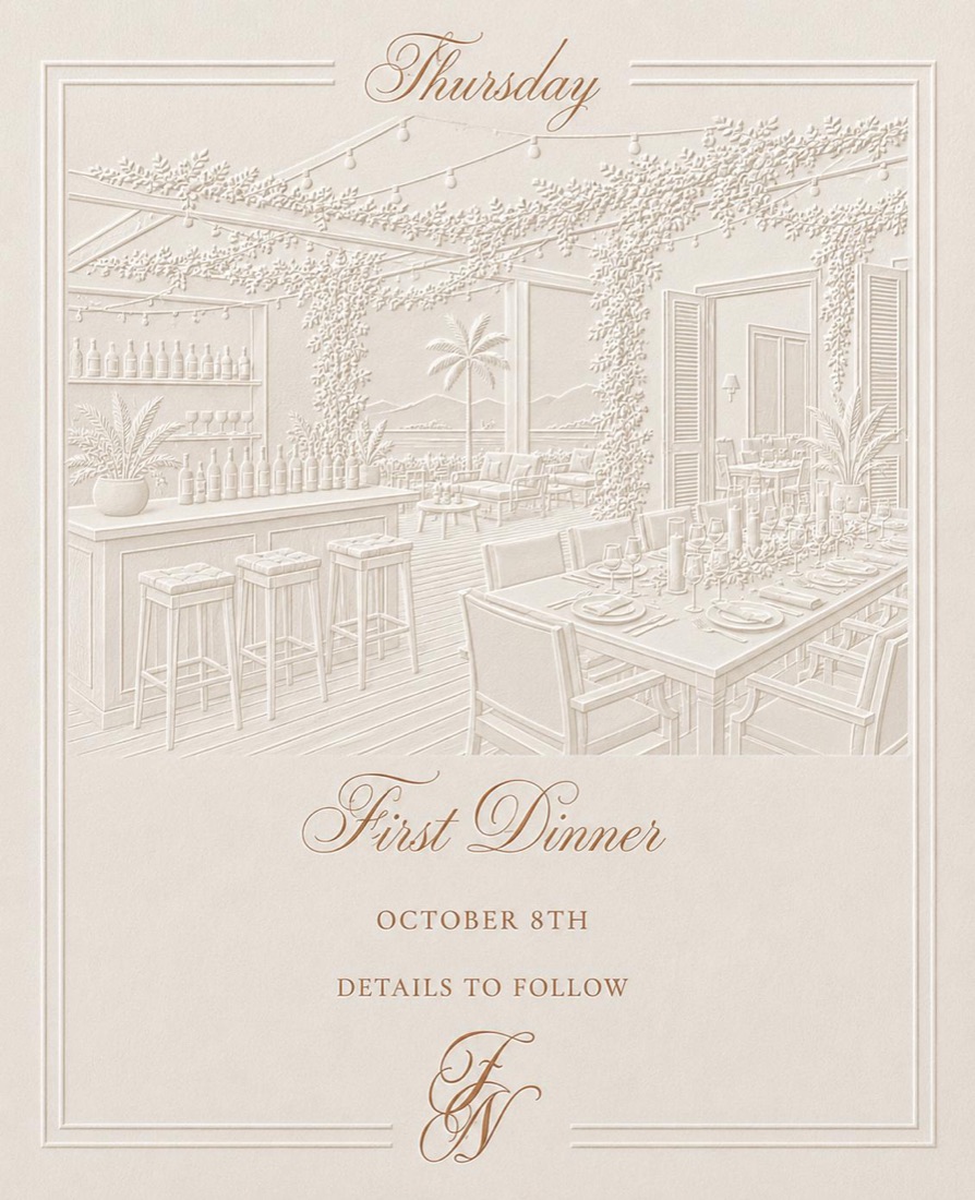 The Thursday card: First Dinner, October 8th, above an embossed terrace bar and dinner table