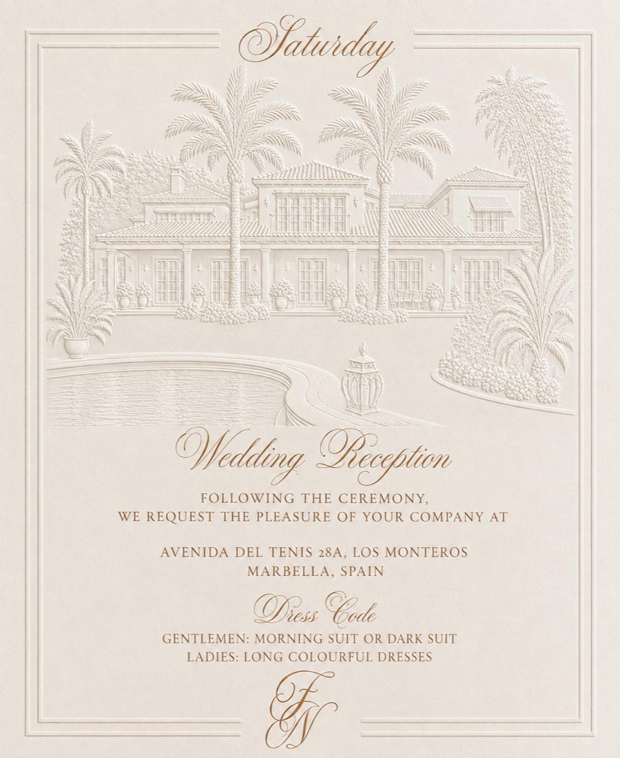 The Saturday card: Wedding Reception at Avenida del Príncipe 21, above the embossed villa and pool