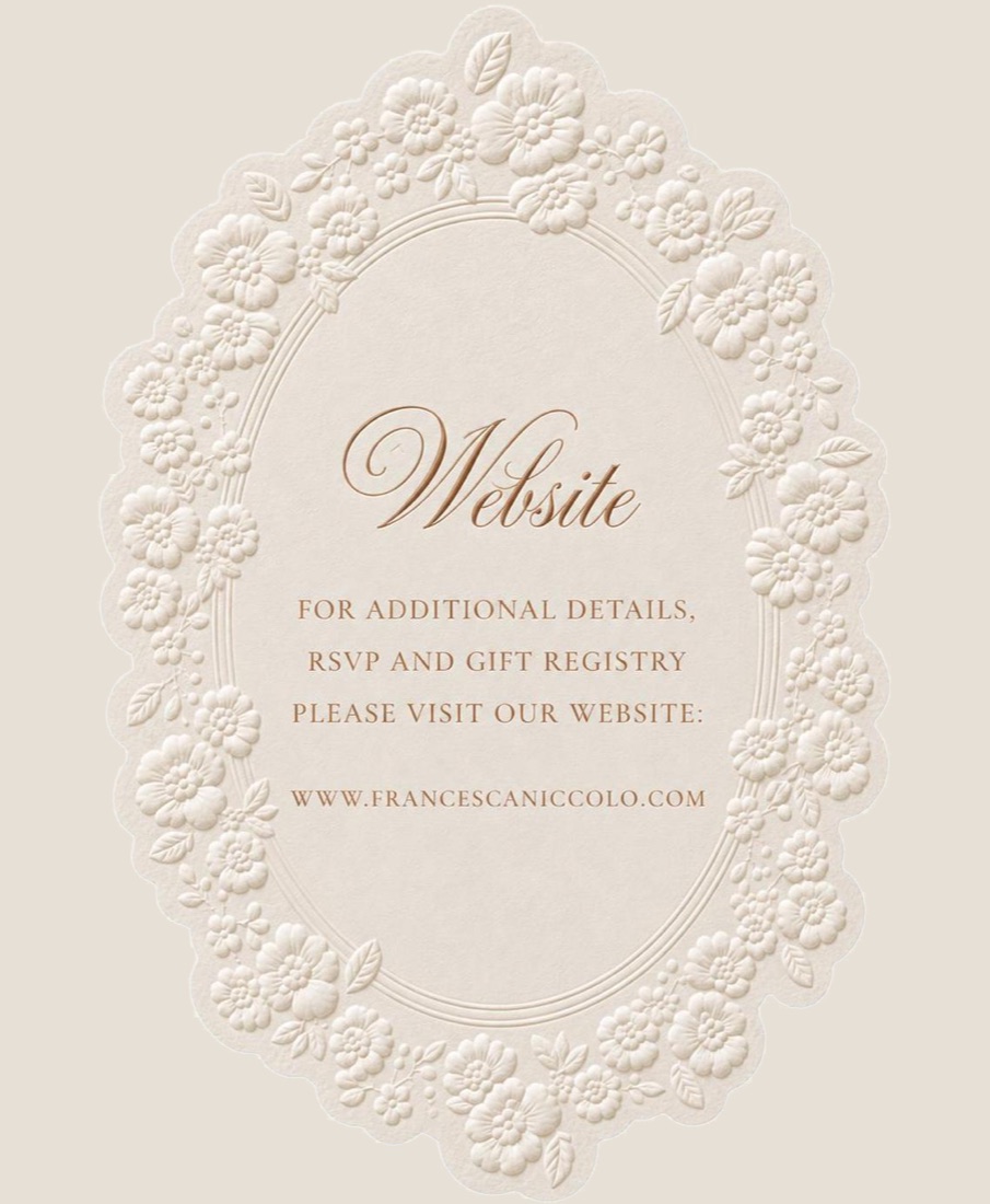 The website card, pointing guests to francescaniccolo.com for details, RSVP and gift registry